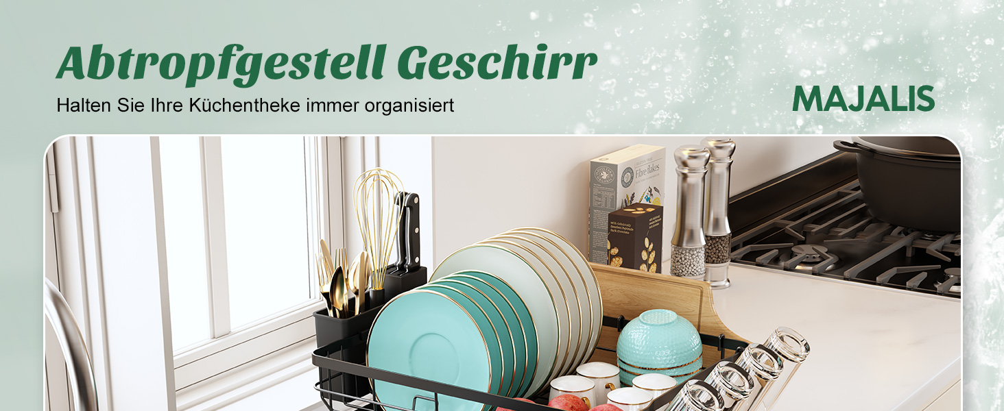 Сушарка для посуду MAJALiS з піддоном та килимком, 2-рівнева, з тримачем для столових приборів, поворотним виливом, чорна