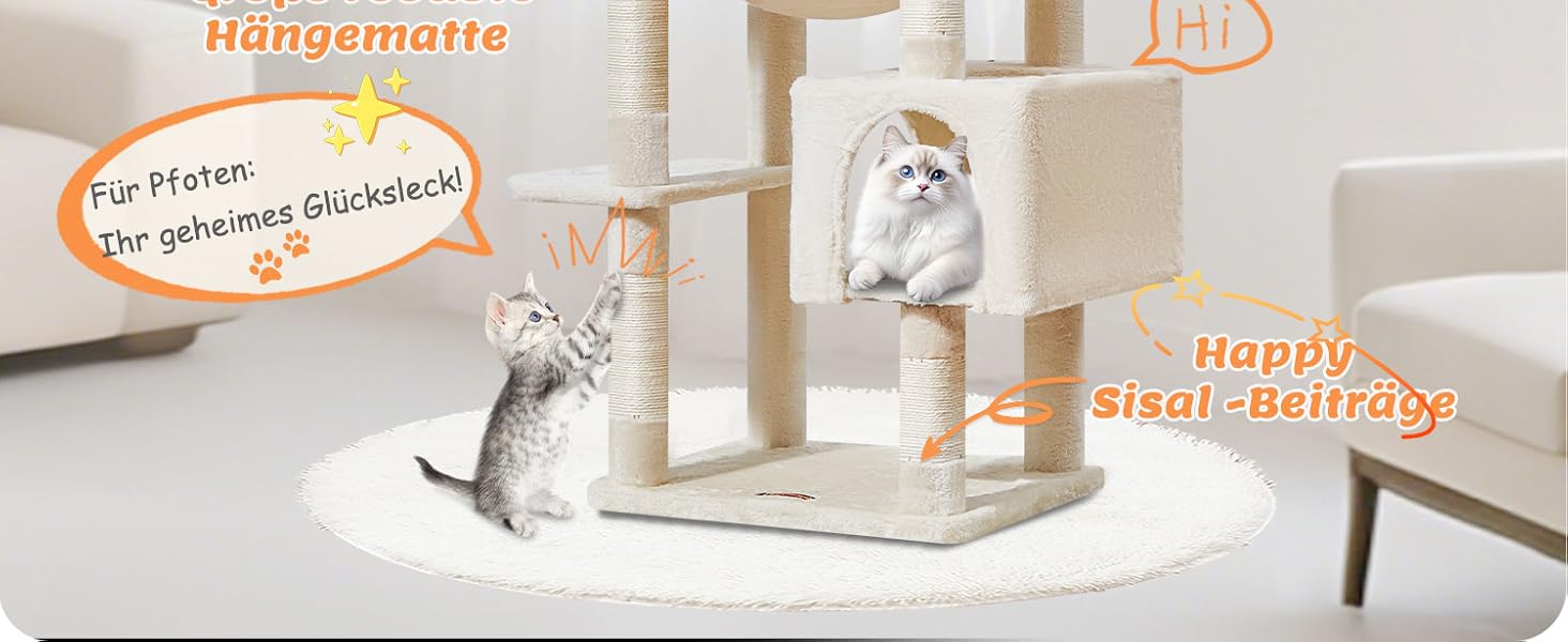 Дерев'яний кігтеточки Taoqimiao MS026W (Бежевий, 180 см) з 2 будиночками, гамаком та 8 кігтеточками