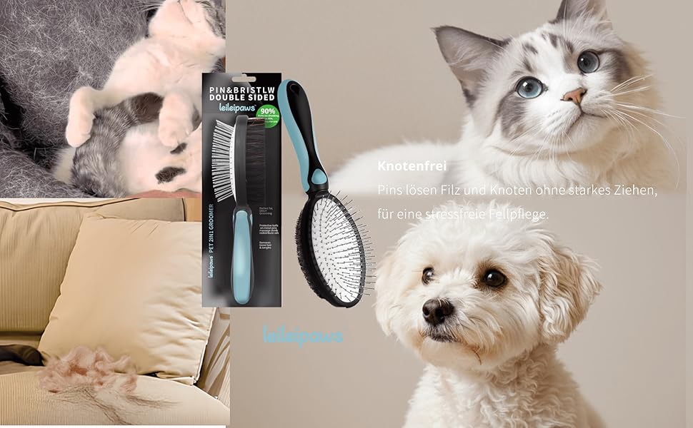 Двостороння щітка для собак та котів - розпушувач для довгої та короткої шерсті, металеві щетинки та натуральна щетина, ергономічна ручка TPR, м'який та ефективний догляд за шерстю (Синьо-Чорний)