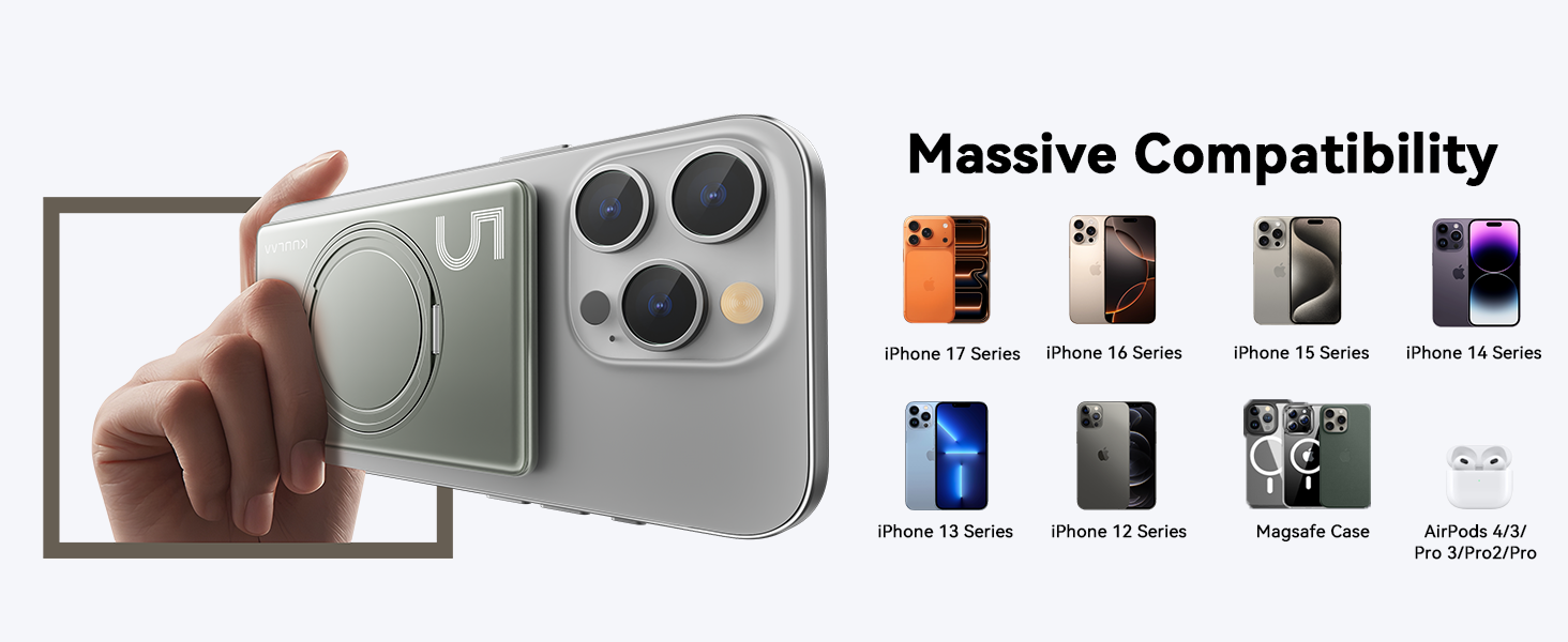 Powerbank Kuulaa MagSafe 5000mAh, Швидка зарядка, USB-C, для iPhone 17/16/15/14/13/12/Pro/Pro Max, срібло