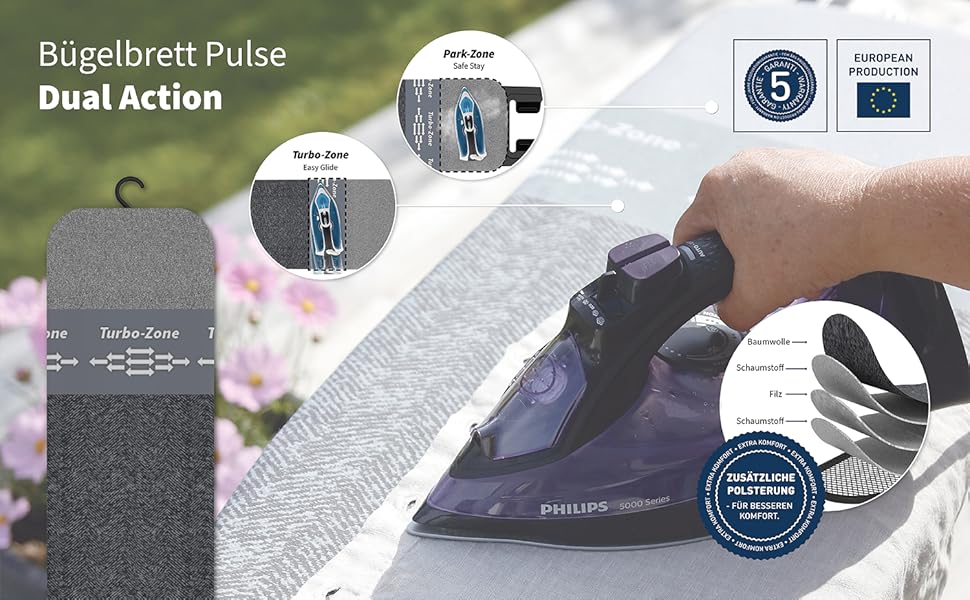 Відкидна дошка для прасування Rörets Pulse Black Dual Action з турбо-режимом та паркувальною зоною, 4-шарова підкладка та покриття, запатентоване геніальне дизайну, поверхня для прасування 32x108 см, чорний колір