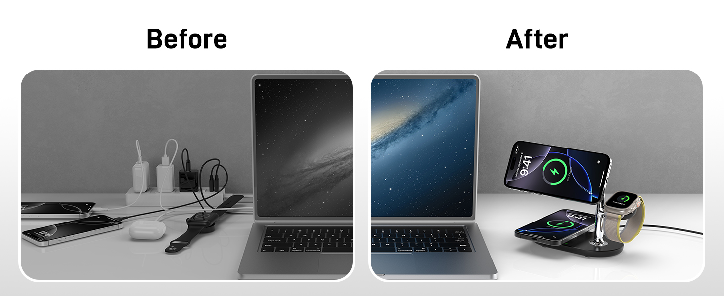 Бездротовий зарядний пристрій 3-в-1 для Apple iPhone, Apple Watch та AirPods, сумісний з моделями 16/15/14/13/12, 10/9/8/7/6/SE, 4/Pro