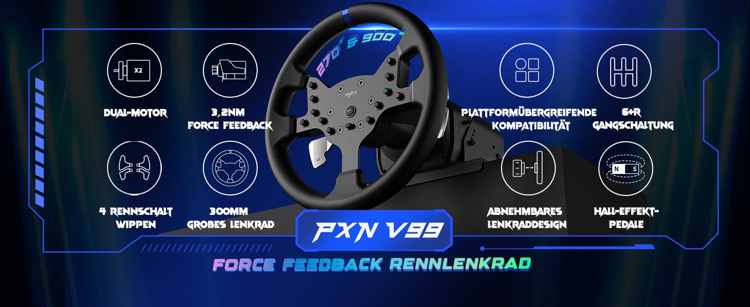 PXN V99 ігровий кермо з педалями та перемикачем передач – 3.2 Nm Force Feedback, 270°/900°, 11.8 дюймів, 4 лопаті перемикання передач, додаток Tools – кермо для PC, Xbox та PS4