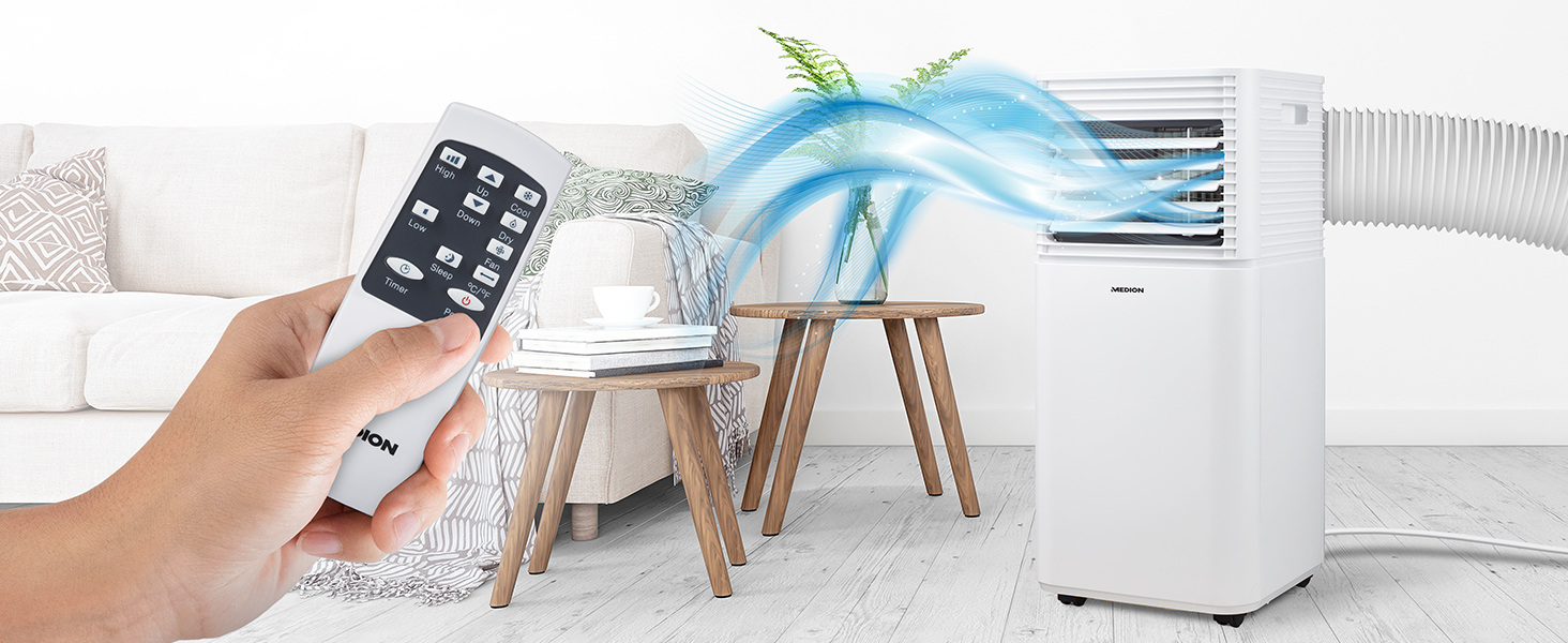 Мобільний кондиціонер MEDION E701 (7000 BTU) з випускним шлангом, для приміщень до 25м², 3-в-1 (охолодження, осушення, вентиляція), з пультом дистанційного керування та режимом сну, MD 37730