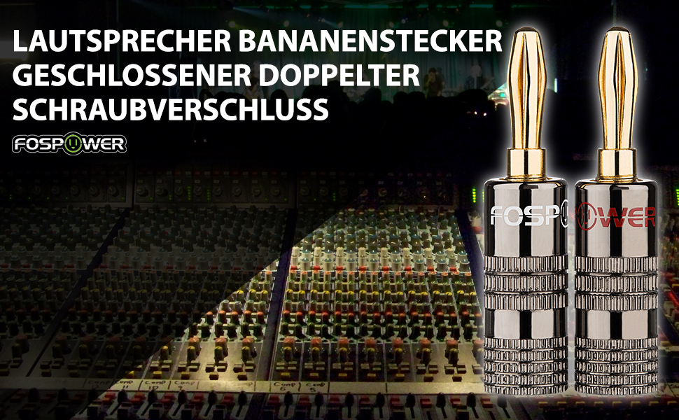 Bananstecker FosPower для акустичних кабелів: 2 пари (4 шт.) з покриттям 24K, для сабвуферів та стінних панелей. High-End