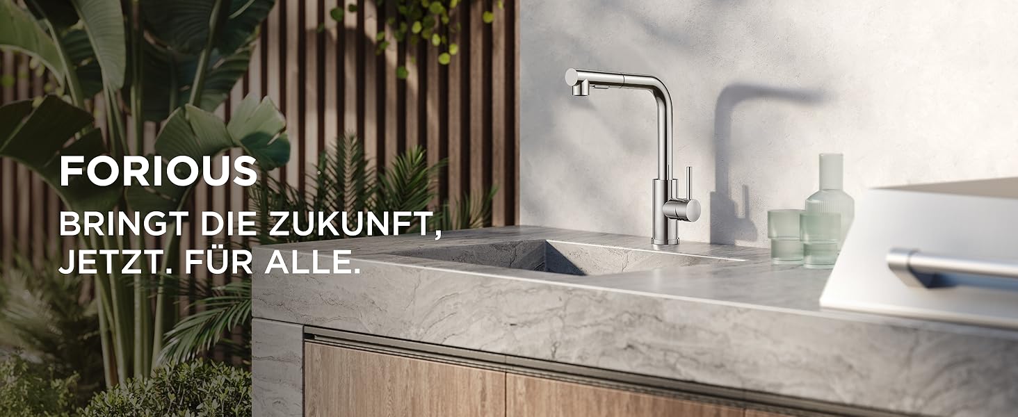 Змішувач для кухні FORIOUS висувний з душем, кухонний, L-подібний, 360° поворот, 2 режими, полірований хром