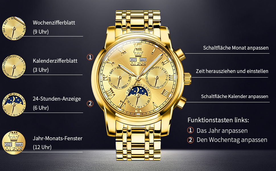 Чоловічий механічний годинник OLEVS 6692 з автопідзаводом: золотистий корпус, чорний циферблат та ремінець, фаза місяця, водонепроникний, люкс бізнес-стиль