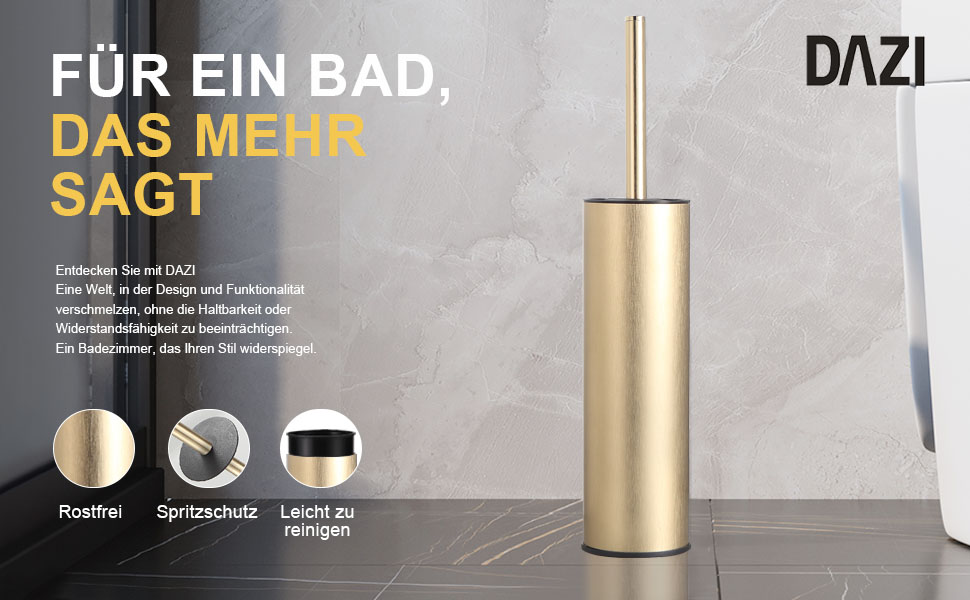 Підлогова щітка для унітазу DAZI з металевим покриттям, матова, з 2 довгими щітками для глибокого очищення, запобігає розбризкуванню та затримці води. (Бурштяне золото)