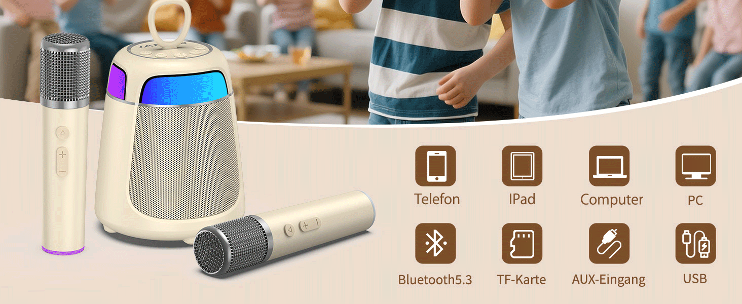 Караоке машина з 2 мікрофонами, Bluetooth, LED-підсвітка, 5 ефектів голосу, для дітей та сім'ї