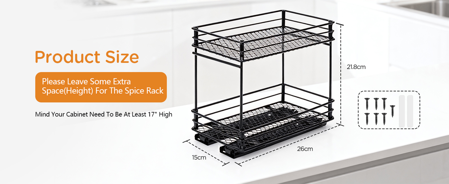 VINATO Висувна полиця для спецій на 2 яруси – органайзер для кухні з роликовими направляючими, підставка для спецій у шафку, полиця для спецій без свердління (26x15x21,8 см)