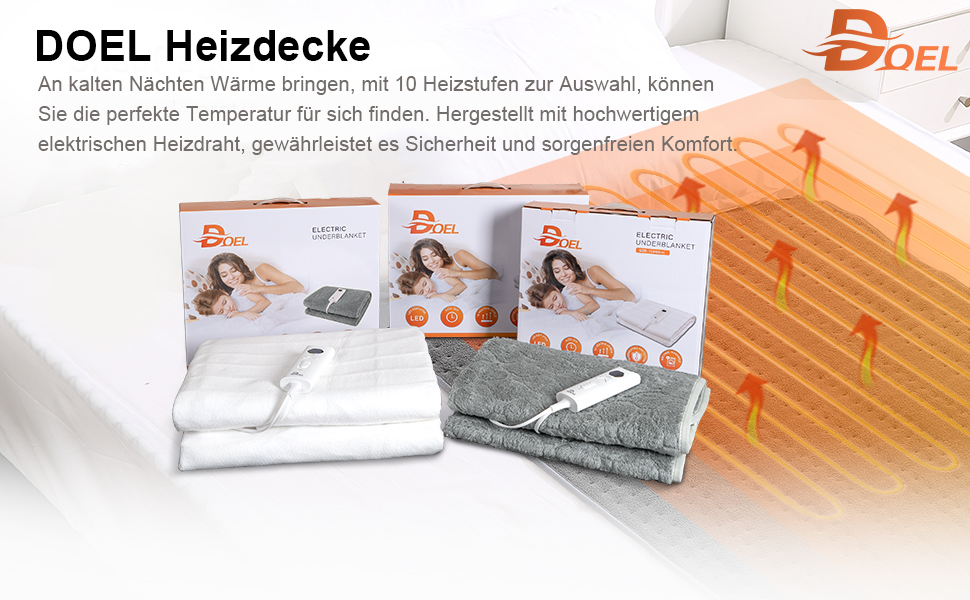 Електрична ковдра DOEL 160x140 см, тепла підстилка для двоспального ліжка з 10 рівнями нагріву, таймер 3/12 годин, машинне прання, 220-230V, 115W, біла