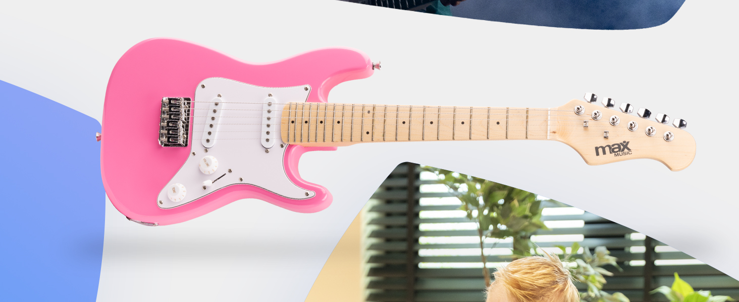 Електрогітара Max GigKit: Повний комплект для початківців (рожева, 1/4, 4/4), з підсилювачем 40W, чохлом, медіатором, ременем, тюнером, кабелем та запасними струнами