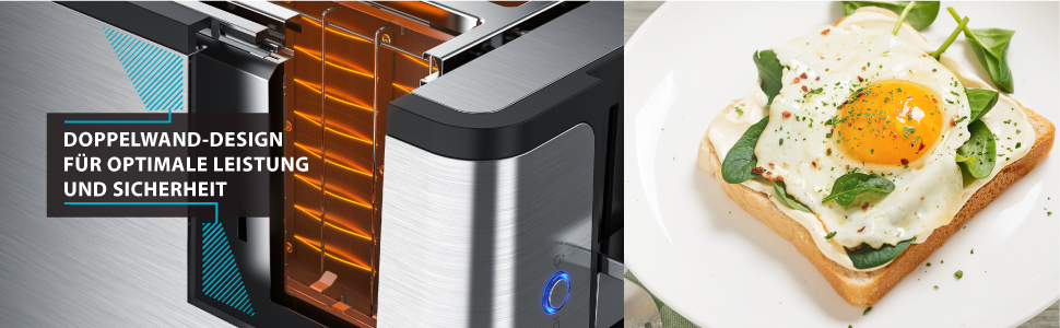 Тостер Arendo з нержавіючої сталі, 4 слоти, підігрів, підставка для бургерів, 1400 Вт, лоток для крихт, дисплей з таймером, сріблястий