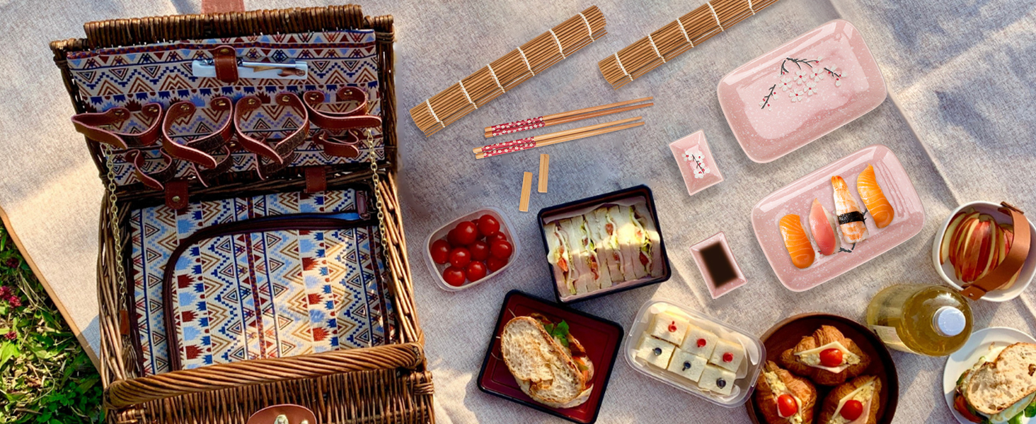 Набір для суші Exzact (10 шт.) – 2 тарілки, 2 миски для соусу, 2 підставки під столові прилади, 2 пари паличок для їжі – високоякісний фарфор, у подарунковій коробці – блакитний колір