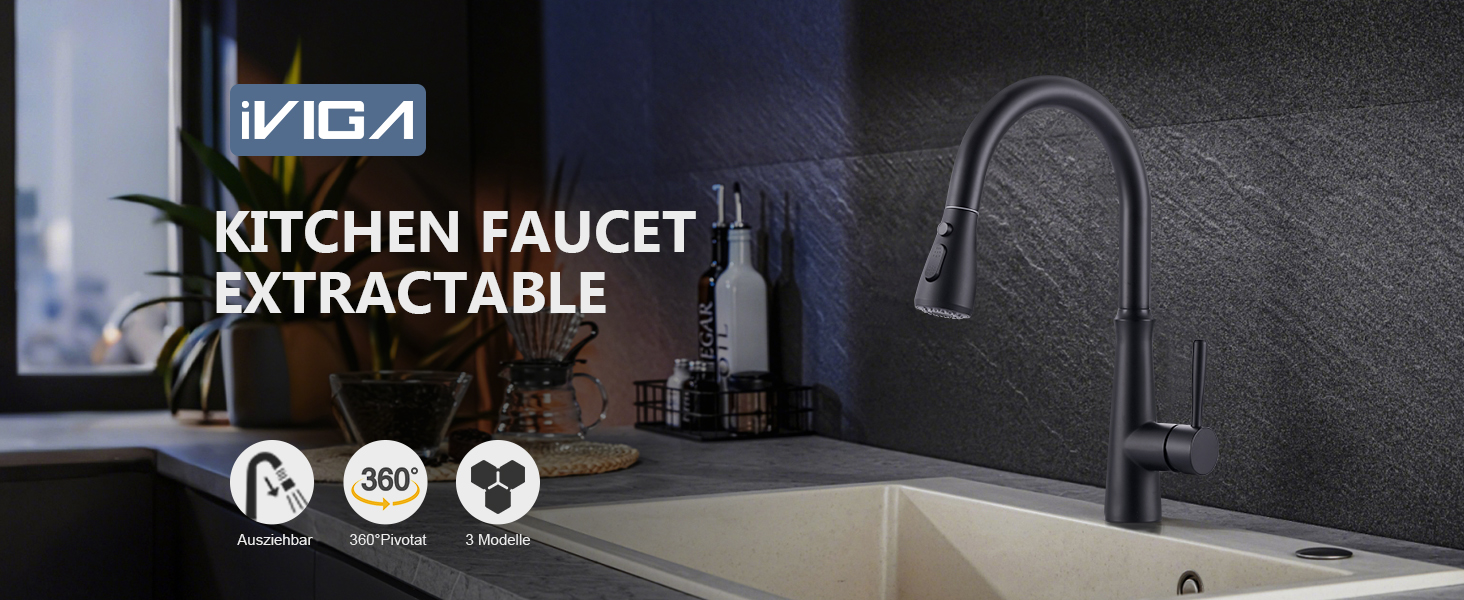 Кран кухонний iVIGA висувний з душем, водоспад, 360° поворот, мікшер, 3 режими, брашований нікель