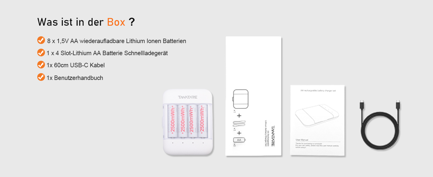 8 x Акумулятори Li-Ion AA з зарядним пристроєм, 1.5V, 2500 mAh, білі