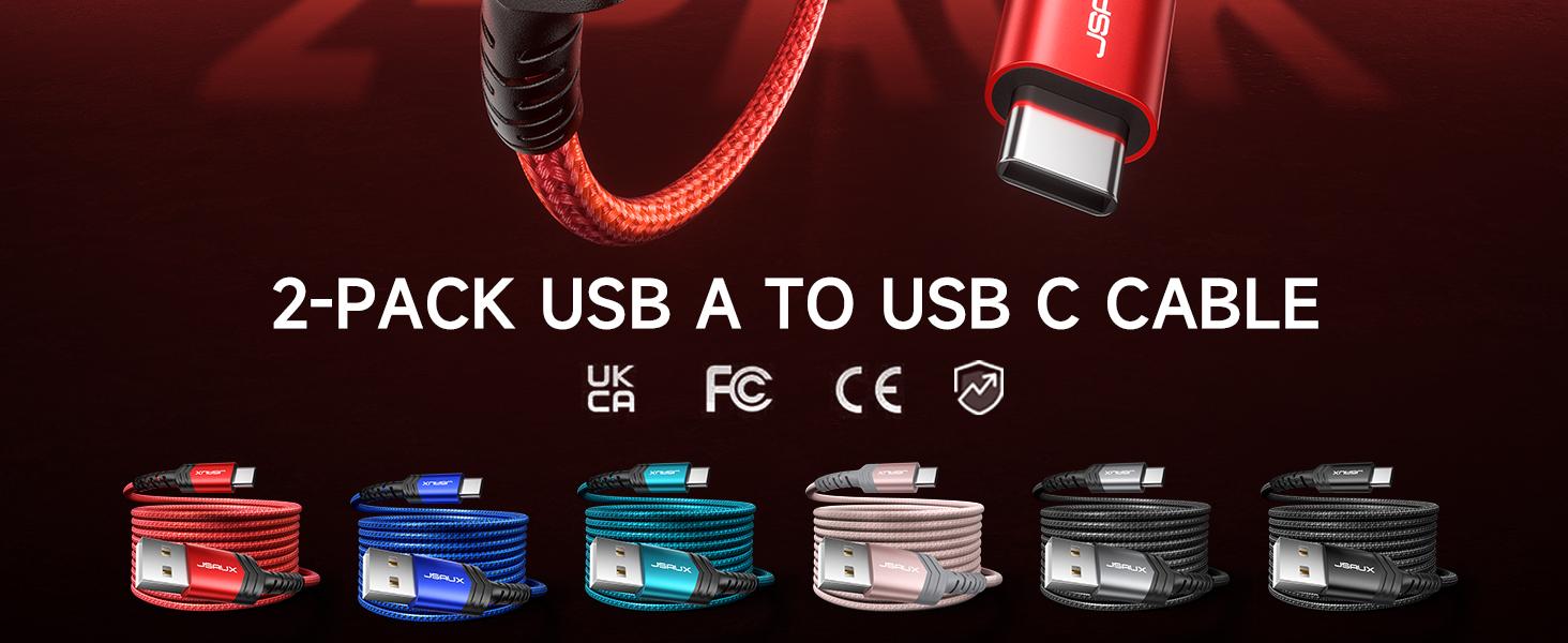 Кабель USB-C JSAUX 3.1A (2 шт. по 2м), 2 шт., червоний, для Samsung Galaxy, iPhone, PS5, CarPlay, нейлон, швидка зарядка