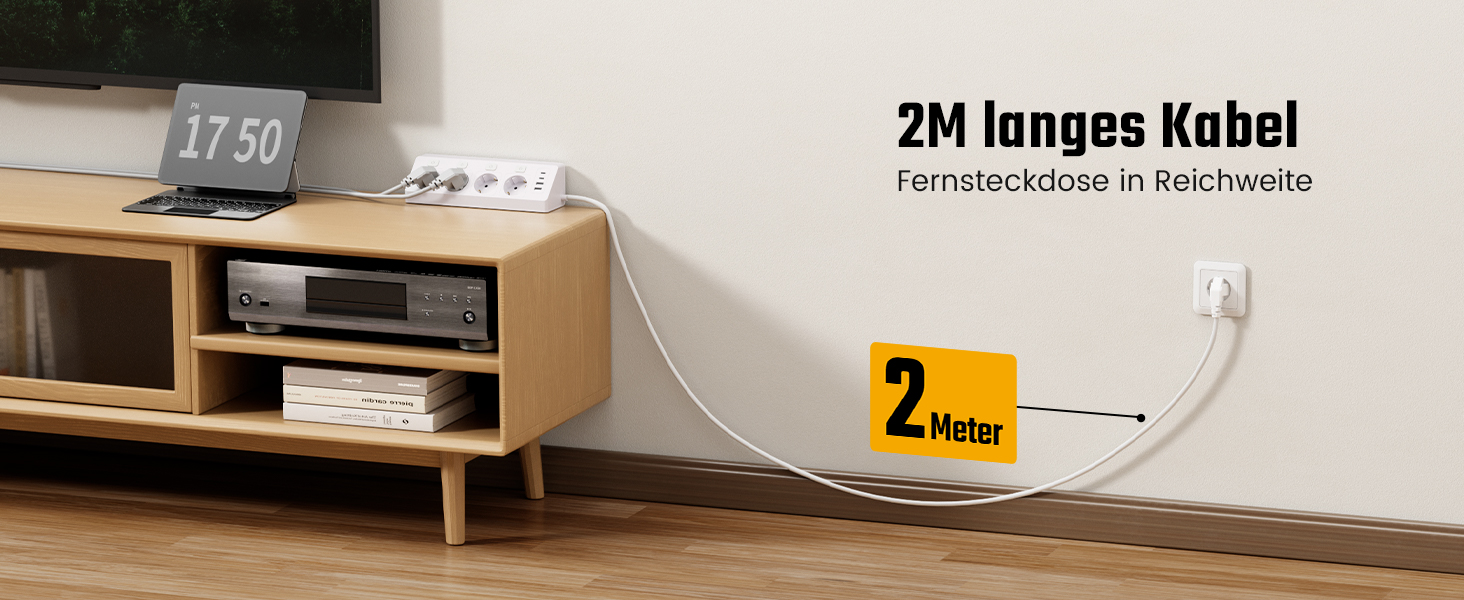 Розетка кутова з 2 USB та 2 Type-C, 16A/3840W, настінна, з кабелем 2м, для офісу, кухні та вітальні, біла