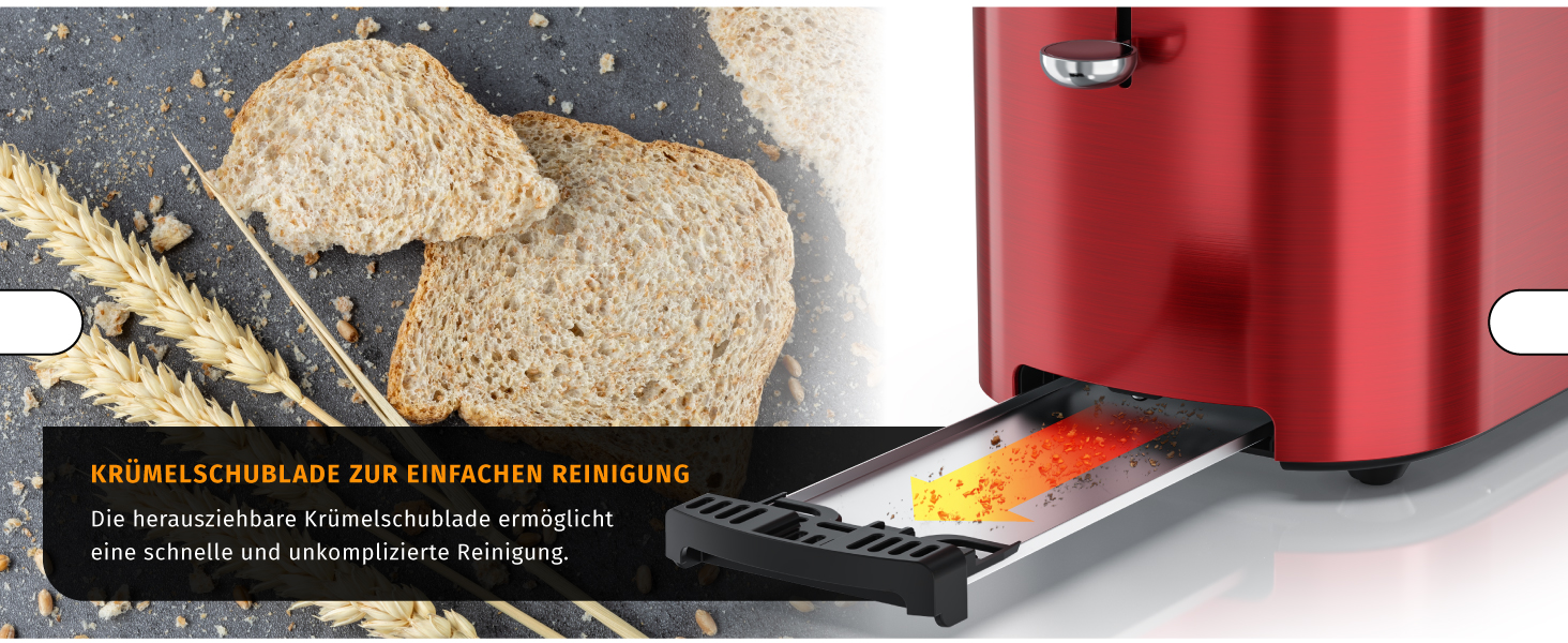 Тостер Arendo з нержавіючої сталі, 2 відділення, сенсорний дисплей, подвійні стінки, 800 Вт, підставка для тостів, 6 рівнів підсмажування, центрування хліба, індикатор часу, функція пам'яті (колір: кармінний)