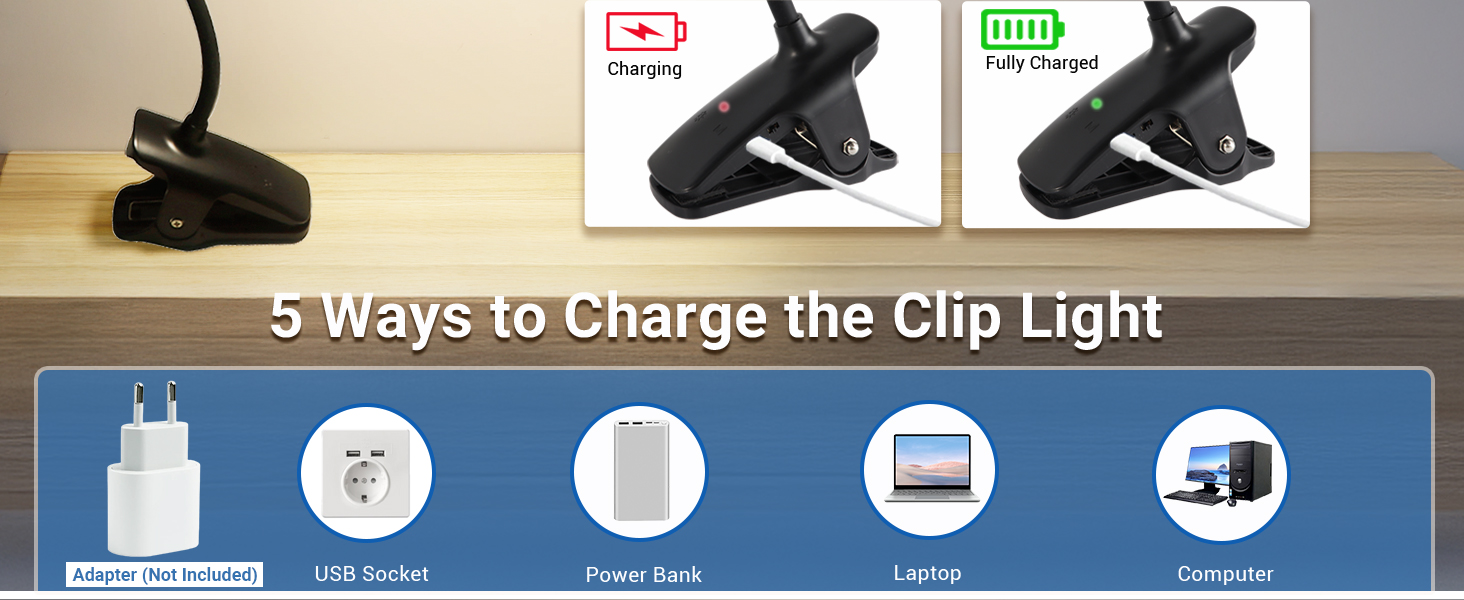 LED лампа для читання Akynite з акумулятором, 5 кольорів та 5 рівнів яскравості, кріпиться на ліжко, дитячий столик, чорна