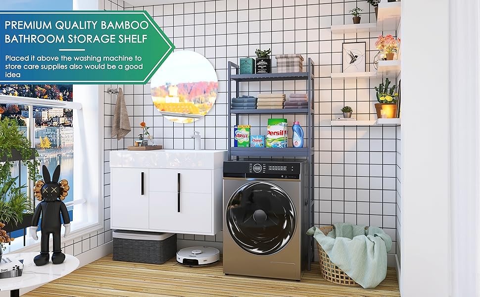 Бамбукова полиця для туалету SMIBUY, регульована, 3 рівні, над пральною машиною, сіра, для ванної кімнати, компактна, легкий монтаж