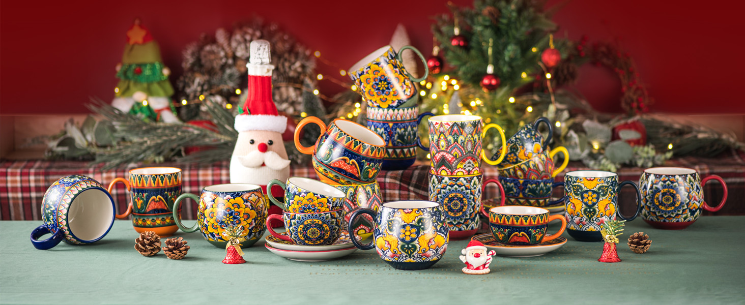 Набір чашок з порцеляни, керамічні чашки капучино/кружки - 600 мл, посуд для 6 осіб, набір чашок для кави - богемний стиль