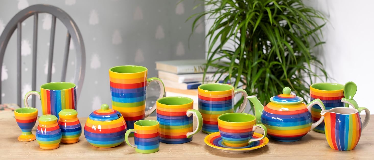 Hand-painted sugar bowl and teapot set with rainbow stripes