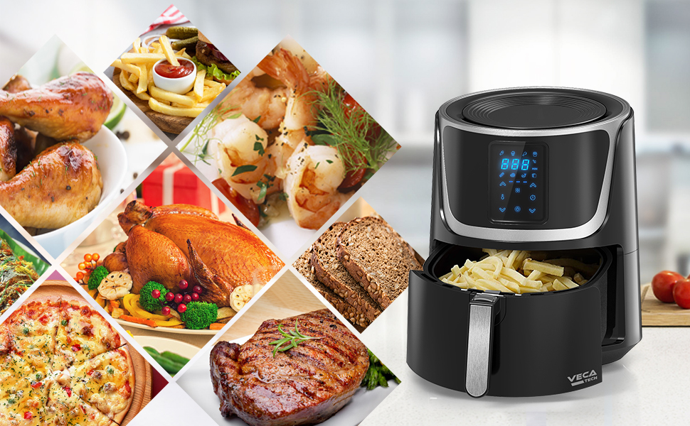 Фритюрниця VECATECH Heißluft XXL 5.5л з цифровим сенсорним екраном, 8 програмами та 1800W - безмасляна фритюрниця для здорового харчування