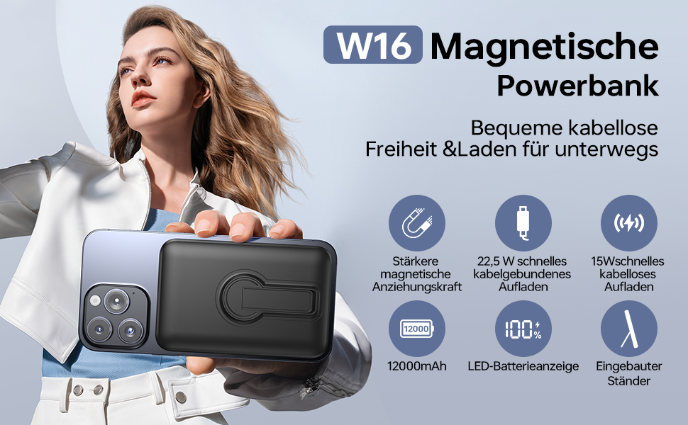 Powerbank MagSafe 12000mAh з LED-дисплеєм, 22.5W PD, USB-A вихід, Type-C вхід/вихід, чорний