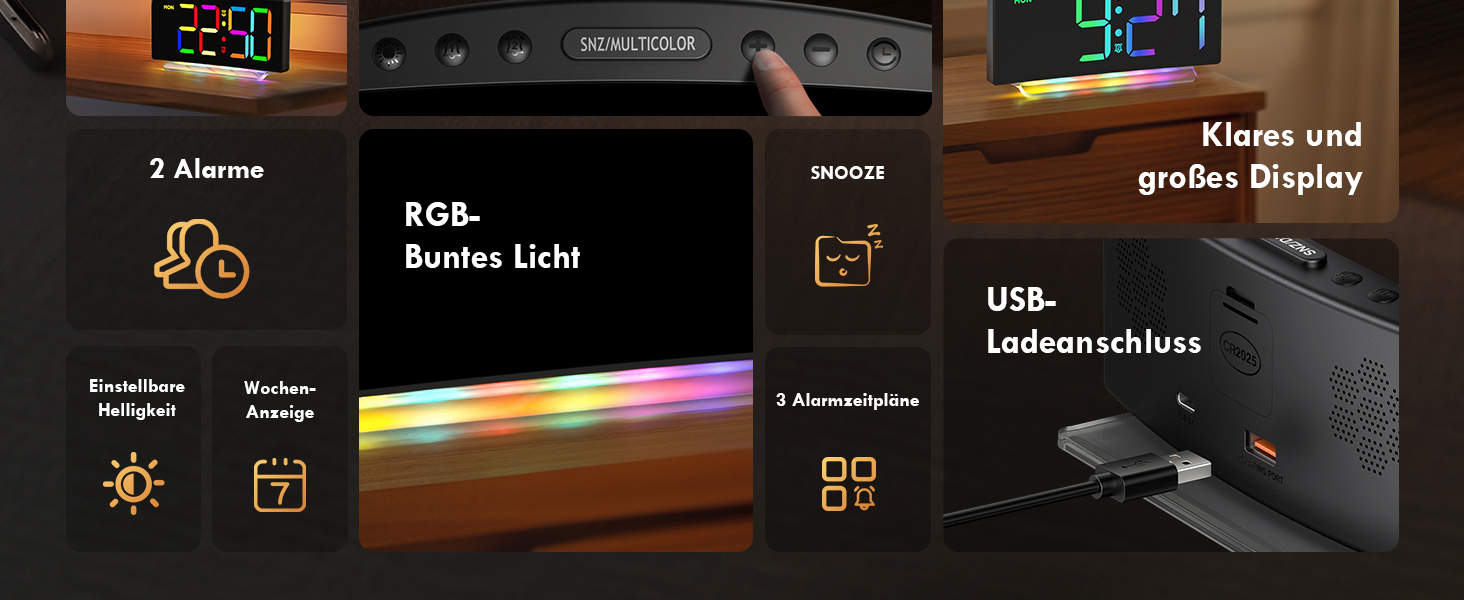Цифровий LED будильник з RGB підсвіткою (7 кольорів), мережевий будильник з 2 сигналами, функцією Snooze, регулюванням гучності та яскравості, формат 12/24г, багатоколірний