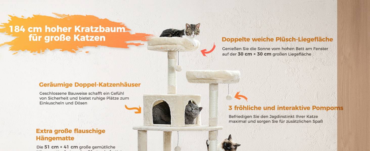 PAWZ Road Дряпка для котів велика, стабільна, 184 см, 7 стовпів сизалю, велика полиця, будиночок, кошики, для дому, бежевий