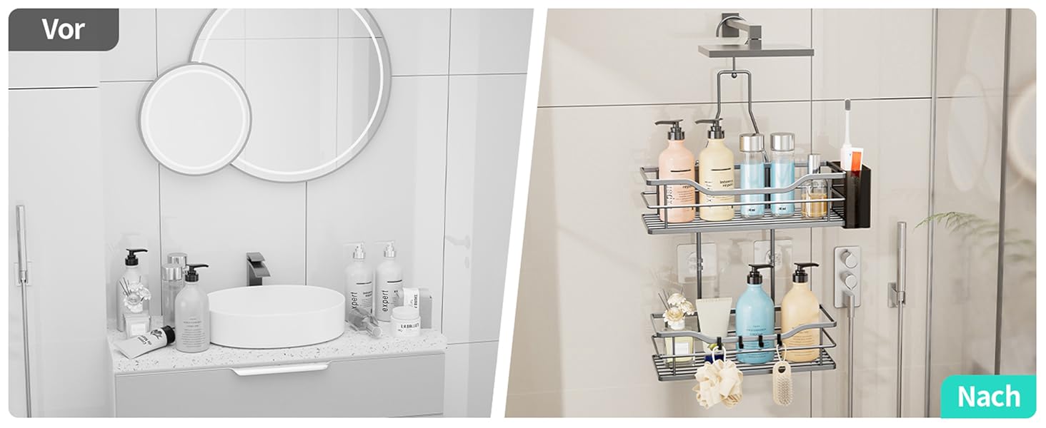 Настінна поличка для душу HapiRm з 4 гачками - поворотна 360°, органайзер для шампуню та мийних засобів, сріблястий