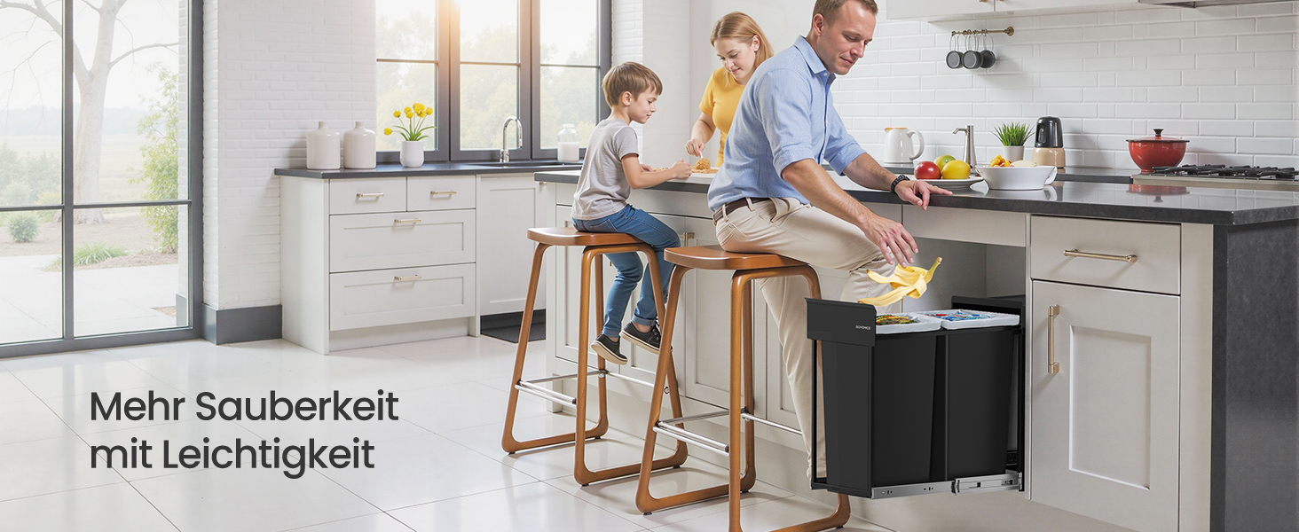 Відро для сміття SONGMICS 2 x 15 л з роздільними відсіками для нижньої шафи, сталевий каркас, ABS-кришка, чорний колір, LTB950B01