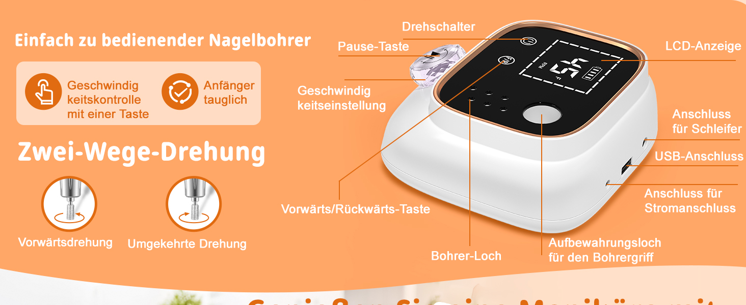 Електрична нігтьова пилка професійна 45000 об/хв з LCD-дисплеєм для гелю та акрилу, з фіксацією біт, набір для манікюру та педикюру, білий