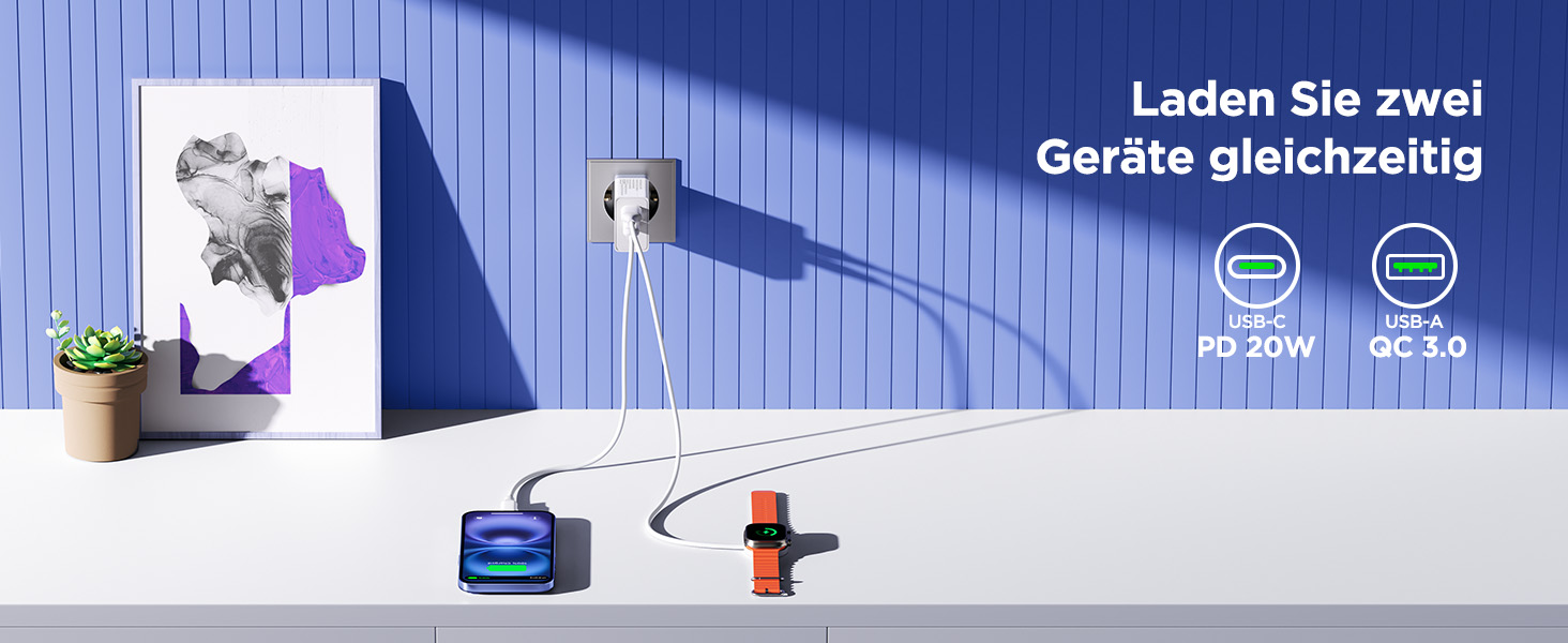 Зарядний пристрій USB C з двома портами, 20W, PD 3.0, Power Adapter з кабелем USB C - USB C 2м, для iPhone, Samsung та інших смартфонів, білий