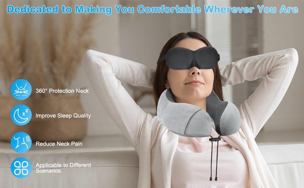 Подушка для шиї у літак: Memory Foam, регульована, компактна, з чохлом для зберігання, навушниками та маскою для сну (сіра)