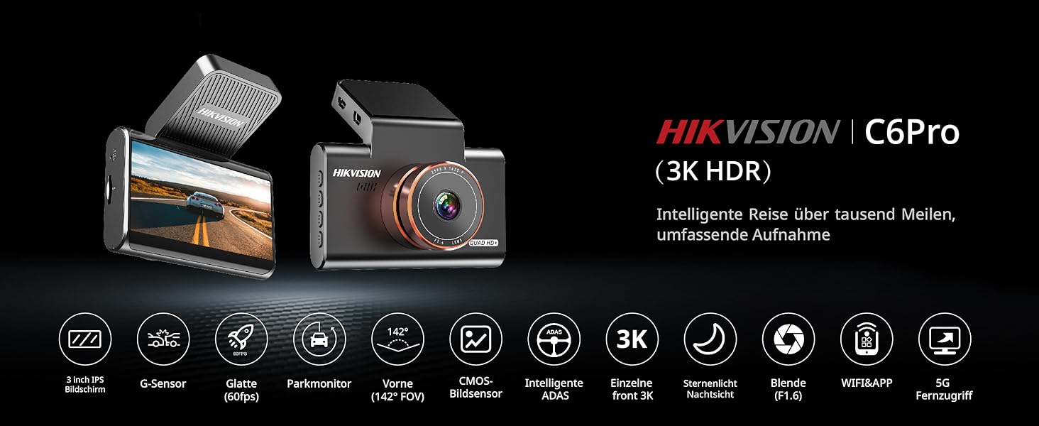 Відеореєстратор Hikvision C6 Pro 3K з GPS, IPS-дисплеєм 3 дюйми, Нічне бачення, WiFi, G-сенсор, Park Mode, підтримка SD до 256GB