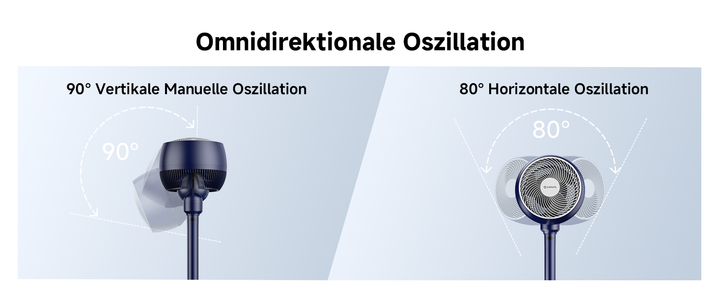 Вентилятор AIRMATE 25dB з підставкою, тихий, висока потужність 26 м, 1600 м³/год, регульована висота, з пультом керування, 3 режими/12 швидкостей/12 таймер