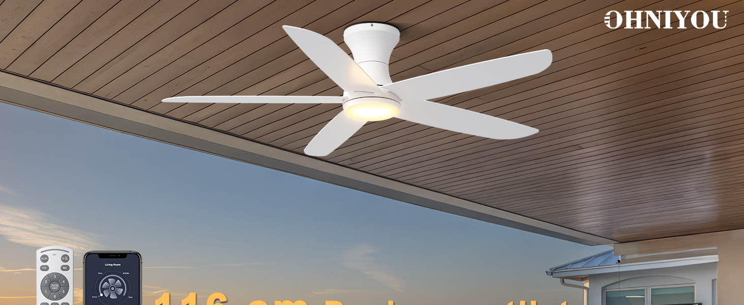 Стеляний вентилятор Ohniyou з підсвіткою та пультом керування, 117 см, керування через додаток, регульована яскравість, тихий DC-двигун, для спальні, тераси, кухні (білий)