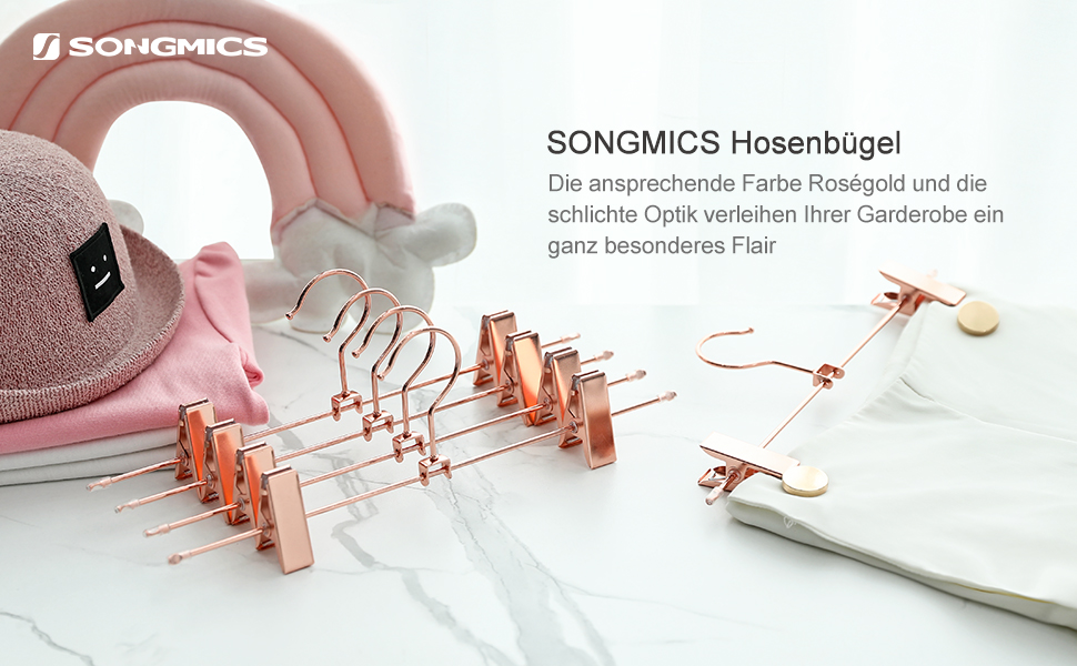 Металеві вішалки SONGMICS для одягу, 10 шт., 31 см, рожеве золото, з кліпсами для спідниць, штанів, білизни, обертаються на 360°