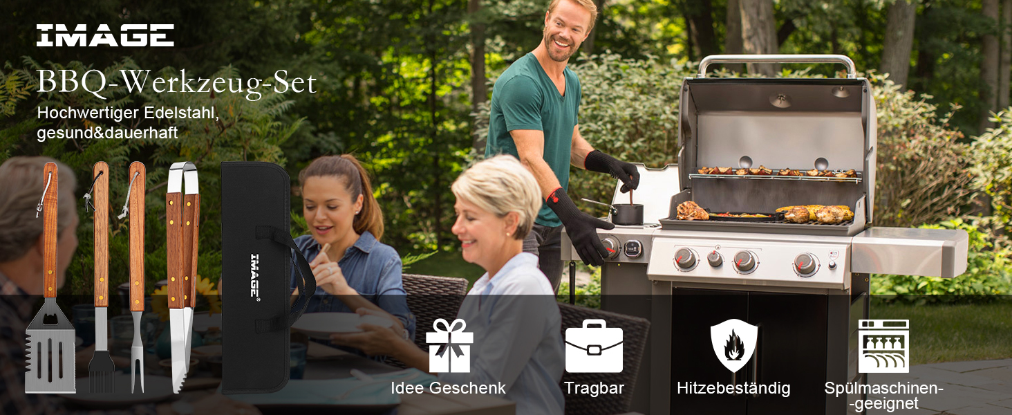 Набір аксесуарів для гриля 4 шт. з високоякісним гриль-посудом (щипці, лопатка, виделка, щітка та сумка) для приготування їжі на задньому дворі, кемпінгу та відпочинку на природі. Ідеальний подарунок для чоловіків.