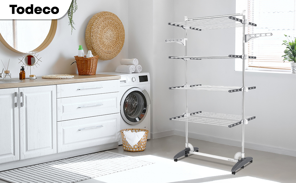 Турбо сушарка для білизни Todeco з нержавіючої сталі, 4 яруси, мобільна, сіра