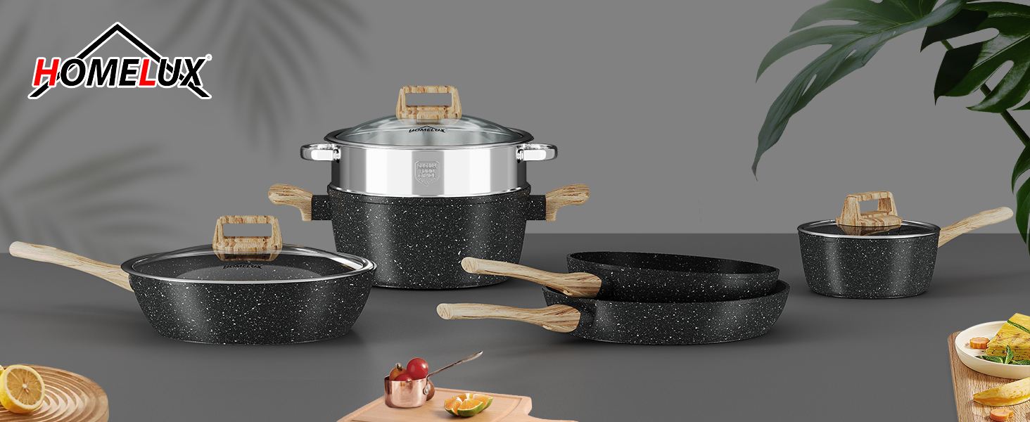 Набір посуду HOMELUX Induktion: 12 предметів, алюміній, антипригарне покриття, з кришками, без PFOA/PFOS, чорний
