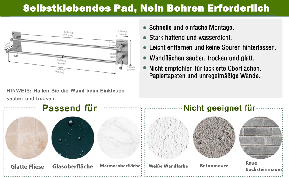 Тримач для рушників Vista без свердління, подвійний, 43.5 см, нержавіюча сталь, для ванної кімнати та кухні, самоклеючий