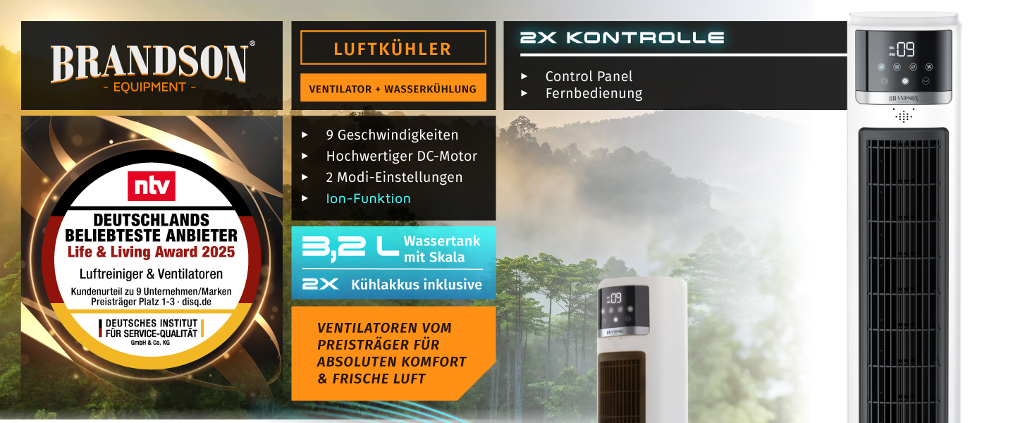 Вентилятор з водяним охолодженням Brandson ECO Design: тихий, 9 швидкостей, таймер, осциляція, іонізація, з пультом, білий
