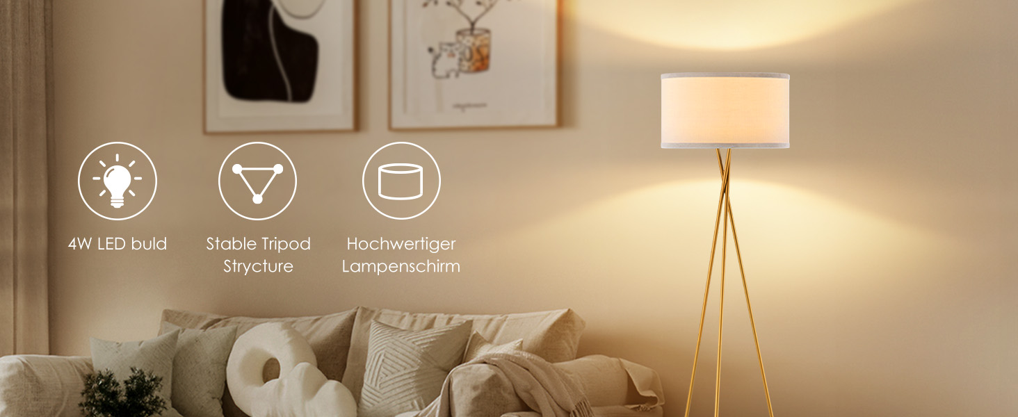 Стійка лампа Home Sweet Home в стилі ретро з триногою, золотий метал, абажур білий, E27 LED 4W, 2700K, 138 см