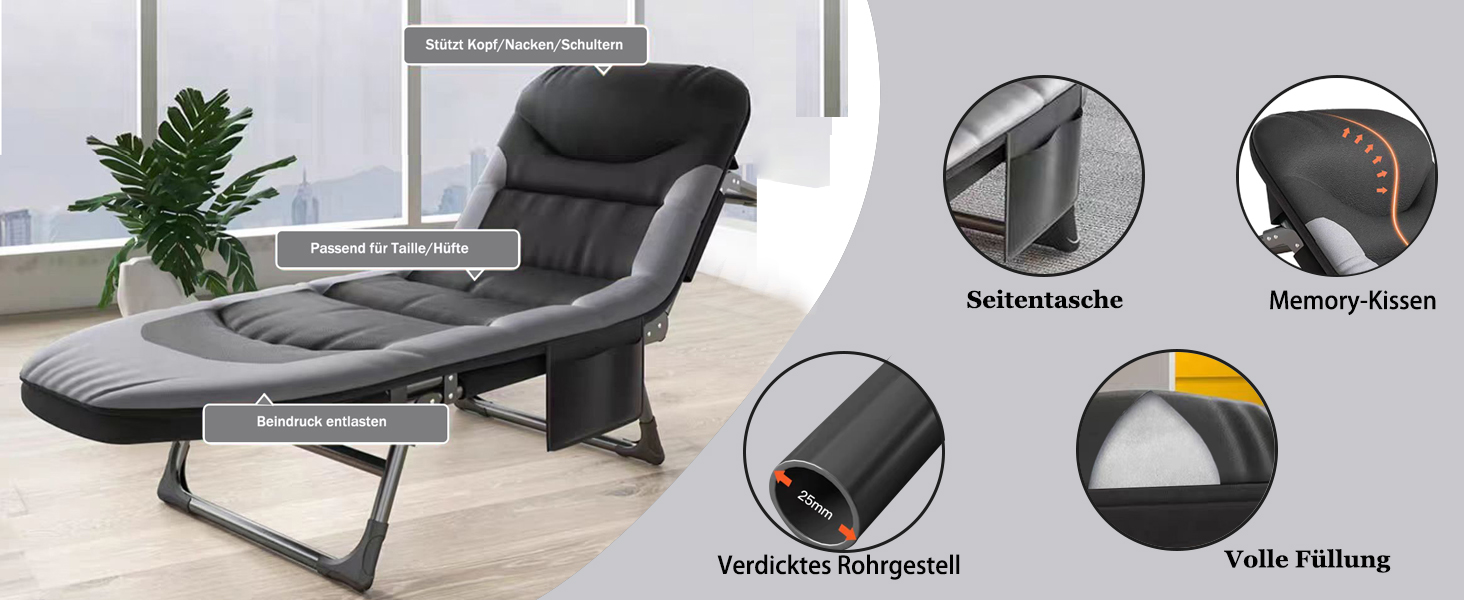 Розкладне ліжко-крісло для кемпінгу та відпочинку: ліжко-крісло, карпове ліжко, гостьове ліжко (чорне)