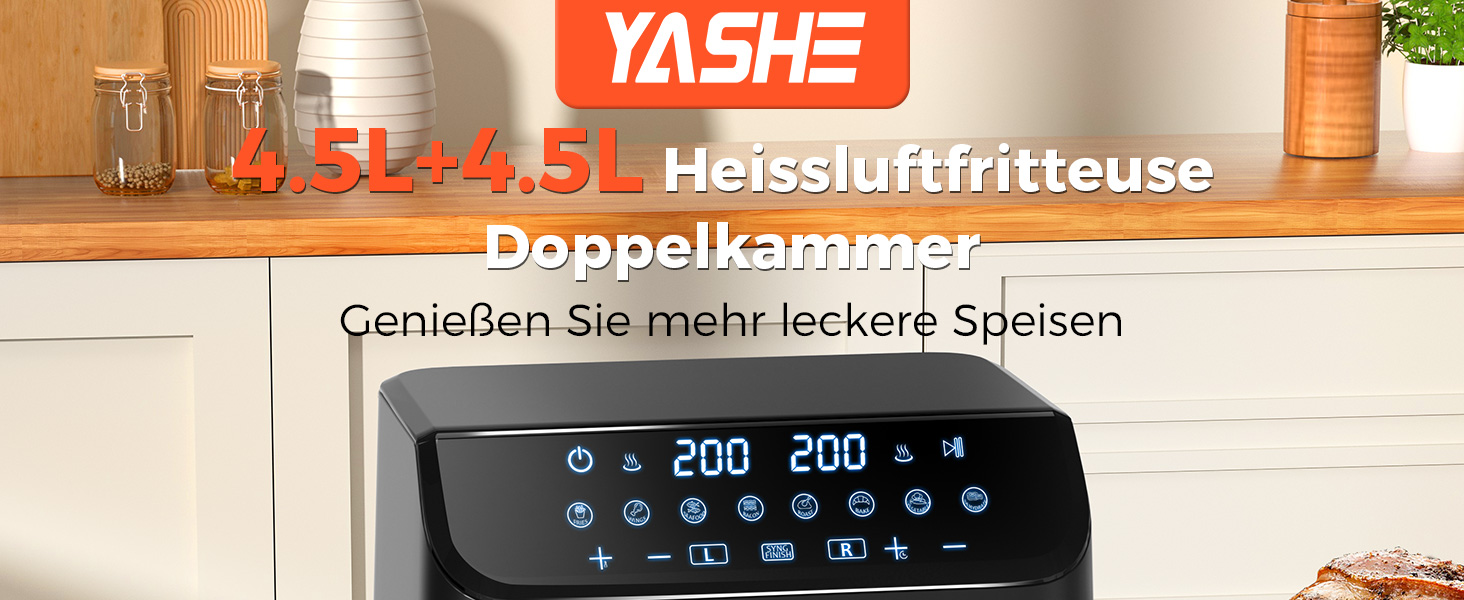 Фритюрниця YASHE з двома зонами, 9л, XL, з цифровим керуванням, 8-в-1, сенсорний екран, приготування без олії, велика