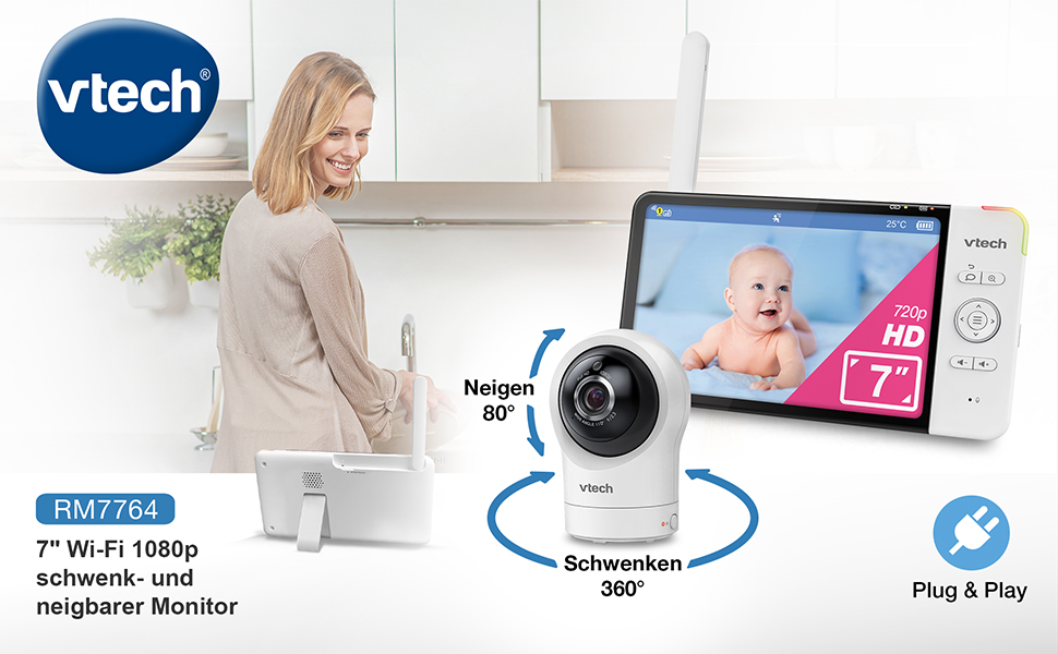 Відеоняня Vtech VM901-1W WiFi з 5-дюймовим HD-дисплеєм, поворотна камера 1080P, мобільний додаток, широкий кут огляду 120°, сумісна з iOS та Android