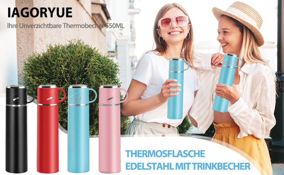 Термос IAGORYUE з нержавіючої сталі, 0,55л, ізольована пляшка з кришкою без витоку та ручкою, подвійні стінки, зберігає тепло та холод до 12 годин - для спорту, офісу, активного відпочинку (блакитний)